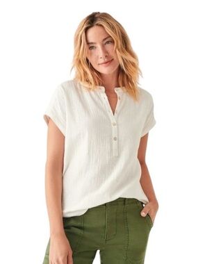 Faherty White Dream Cotton Gauze Desmond Short Sleeve Blouse